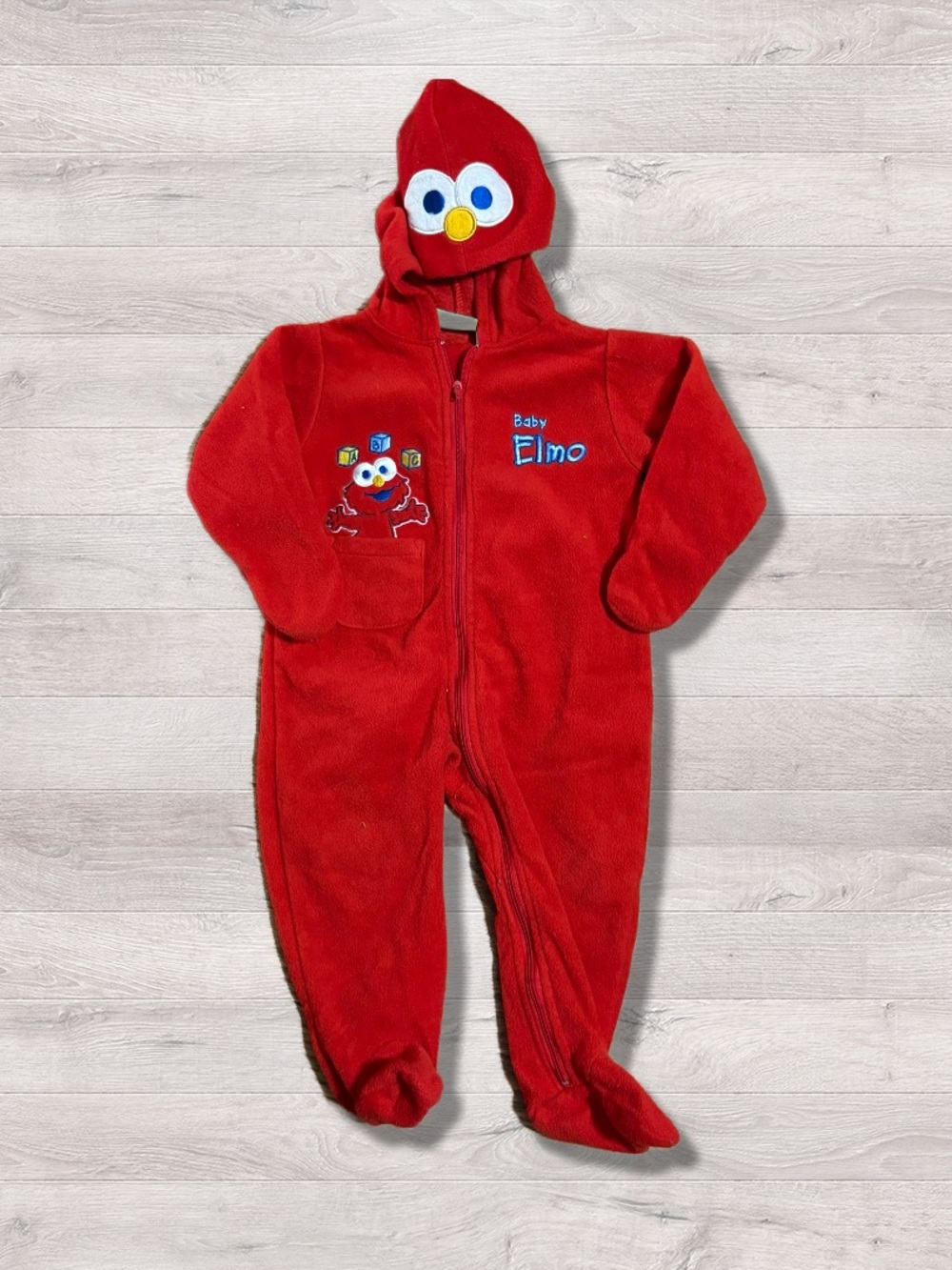 Vintage Elmo Hooded Pajamas Bodysuit 6-9 Months Red Fleece Zip Up Sesame Street